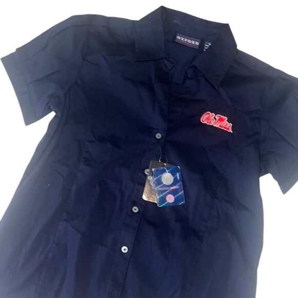 Ole Miss Navy Button Up Short Sleeves Cotton Blouse Women's Size Medium NWT - Picture 1 of 11